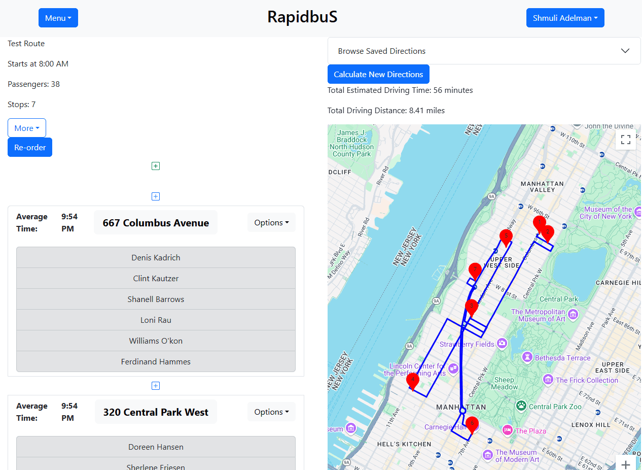 Screenshot of the Rapidbus admin portal route editor