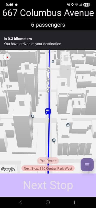 Mid route screenshot from the Rapidbus driver app